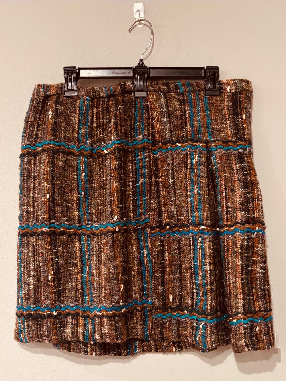 Essence Tweed Pencil Skirt Brown Blue Plaid Short Zip Size L Italy Fall Winter